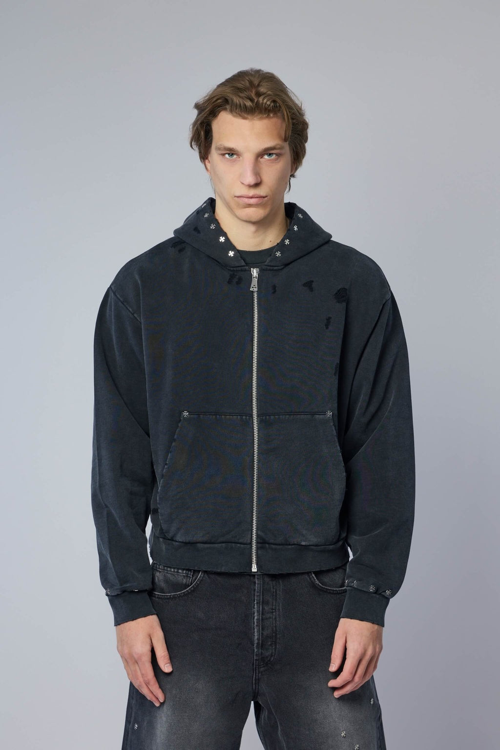 Askyurself - Cross Studded Destroyer Zip Hoodie - LABELS