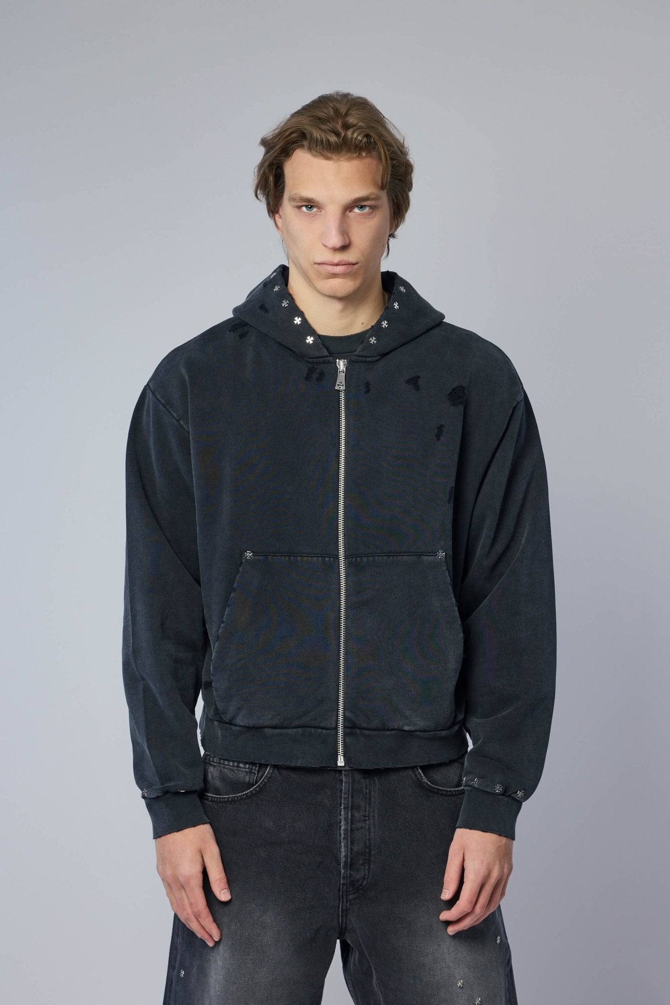 Askyurself - Cross Studded Destroyer Zip Hoodie - LABELS
