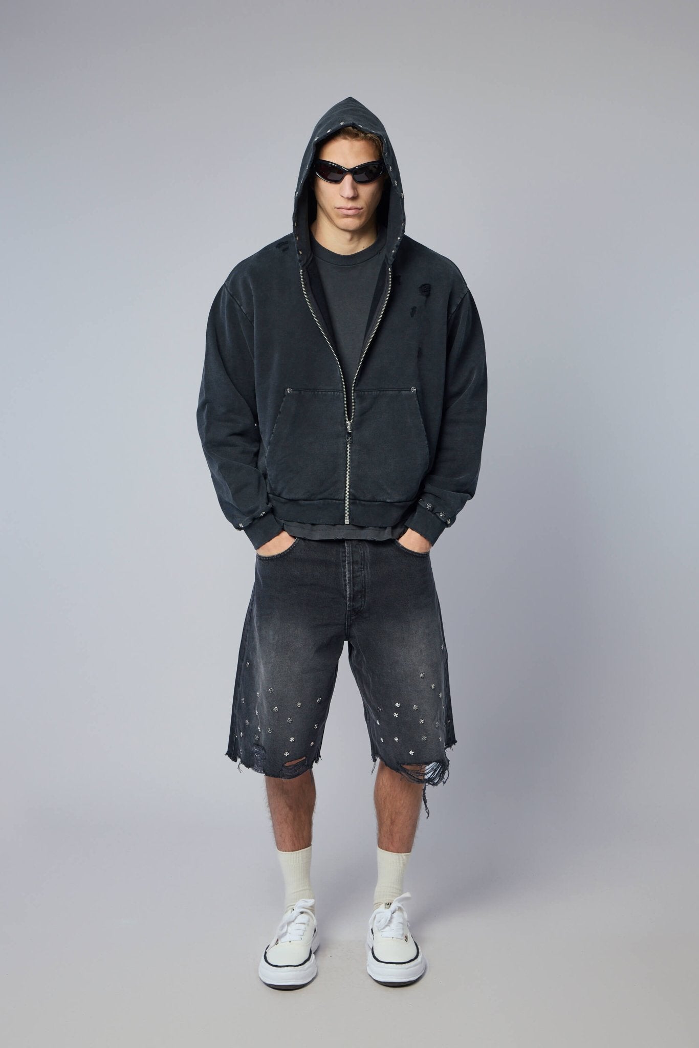 Askyurself - Cross Studded Destroyer Zip Hoodie - LABELS