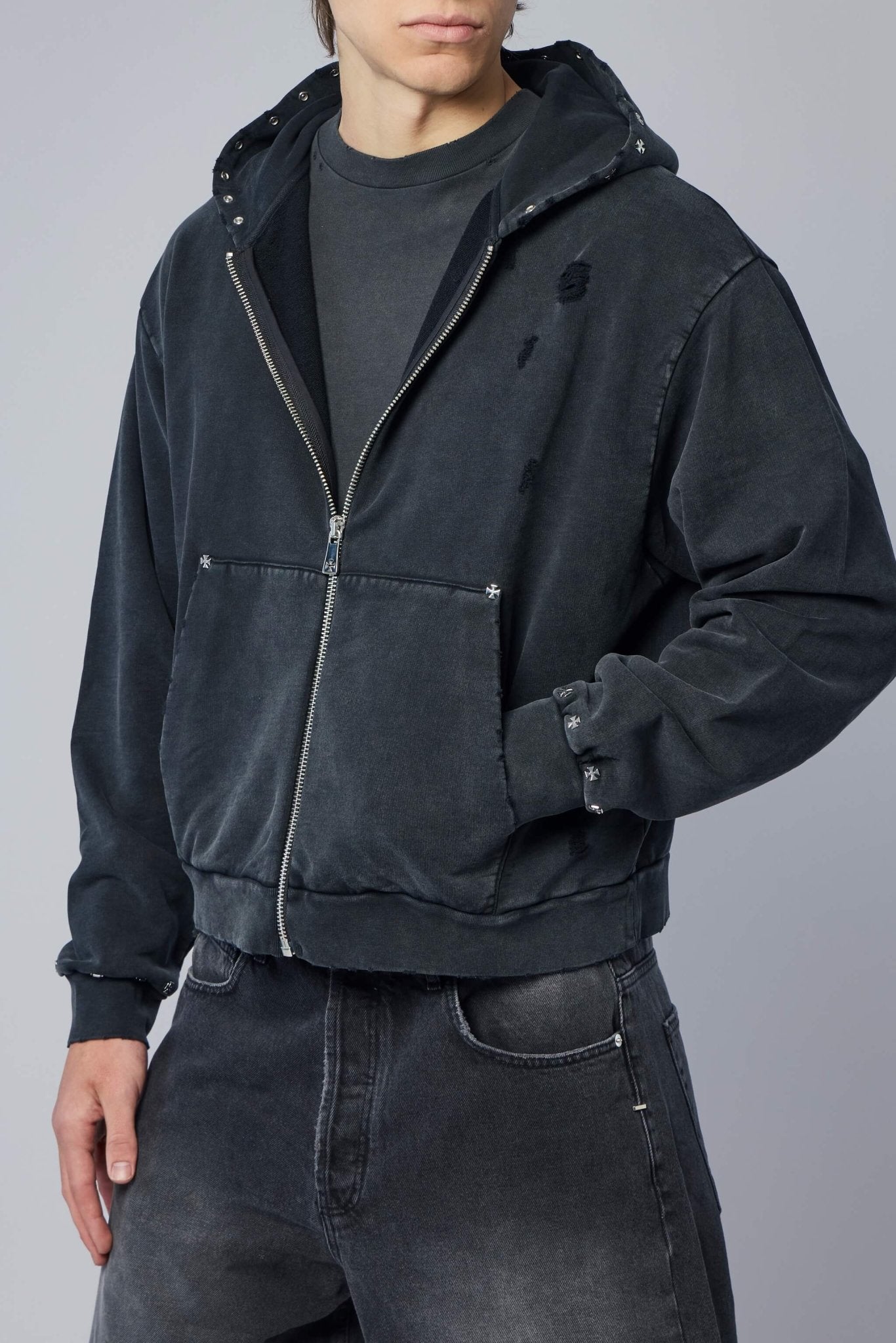 Askyurself - Cross Studded Destroyer Zip Hoodie - LABELS
