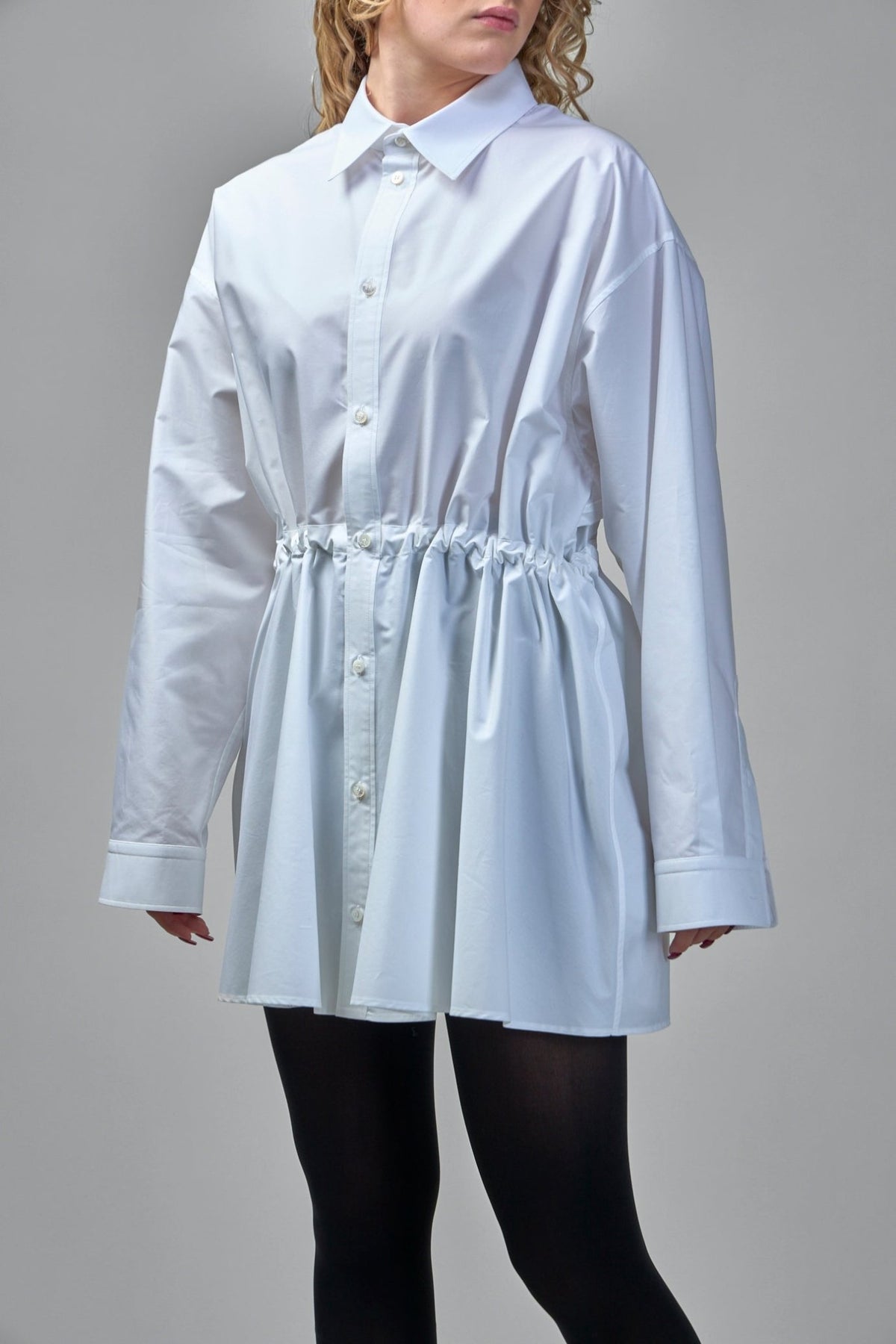 Full styling shot of Balenciaga Hourglass Shirt Dress worn by model