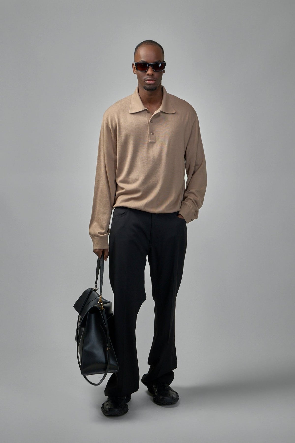 Full view of Balenciaga poloneck sweater showcasing elegant beige colorway