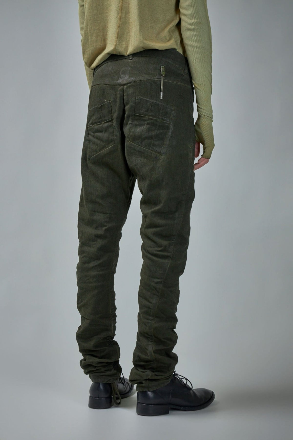Full view of Boris Bidjan Saberi straight jeans with modern low crotch fit