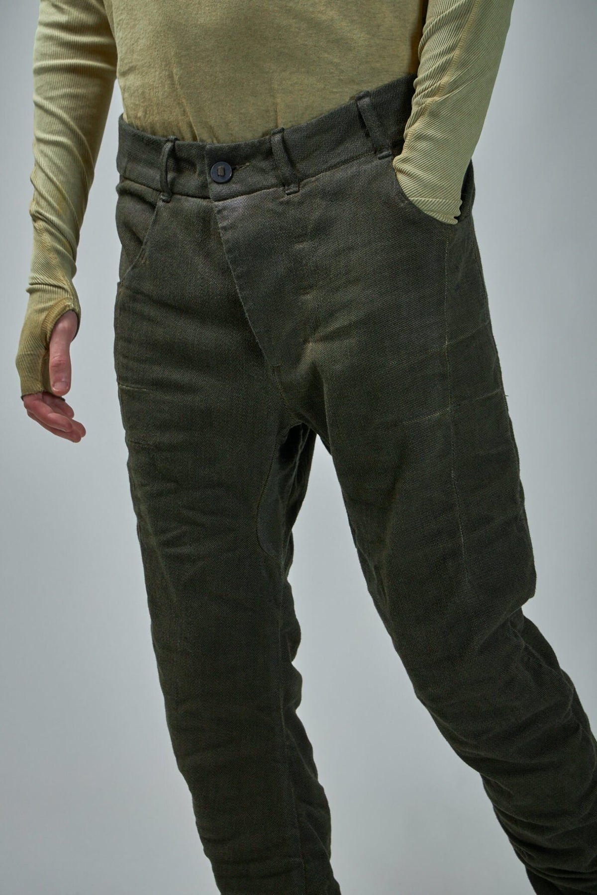 Boris Bidjan Saberi P13 denim jeans styling detail and washed finish texture