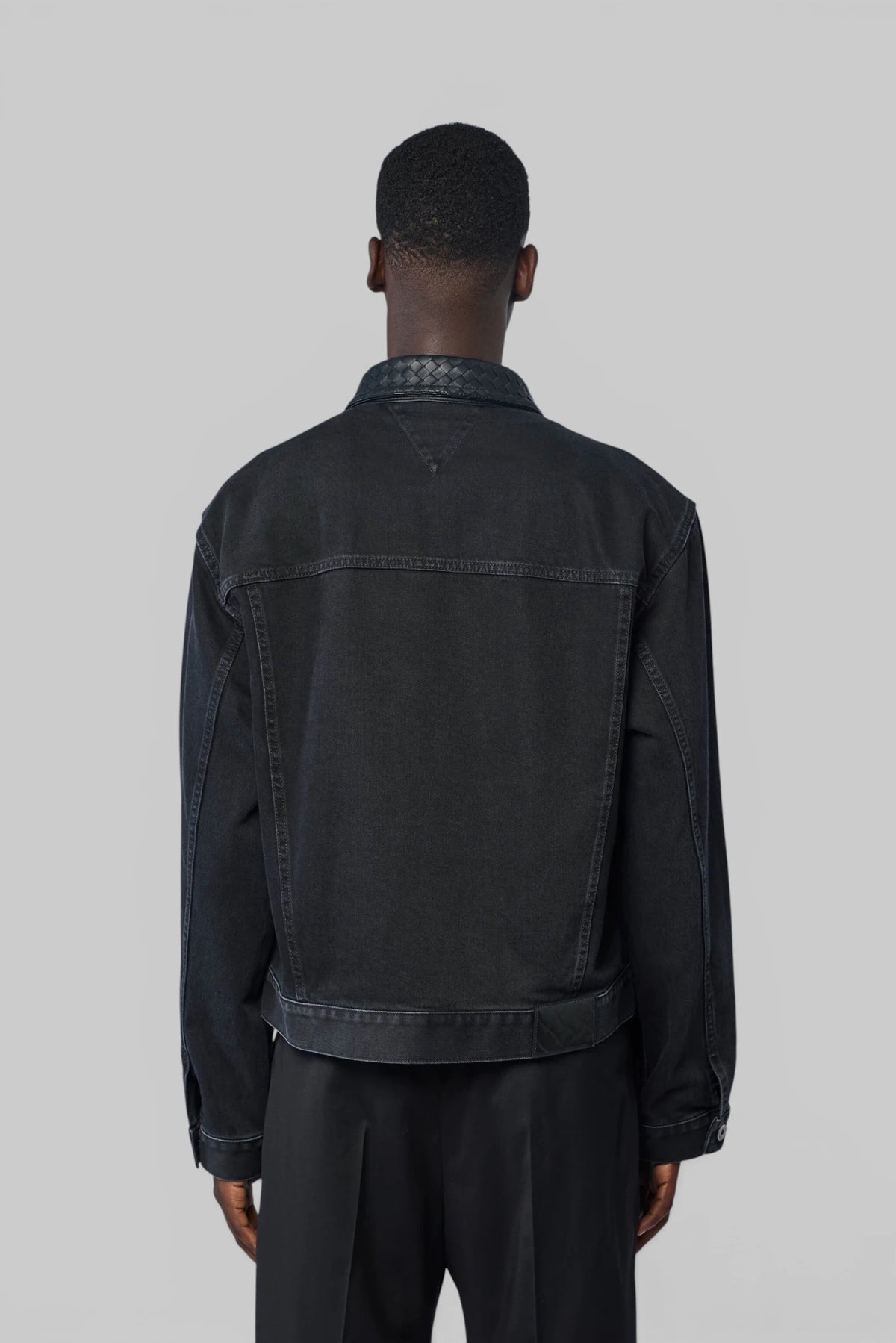 Back view of Bottega Veneta Intrecciato leather-trimmed jacket