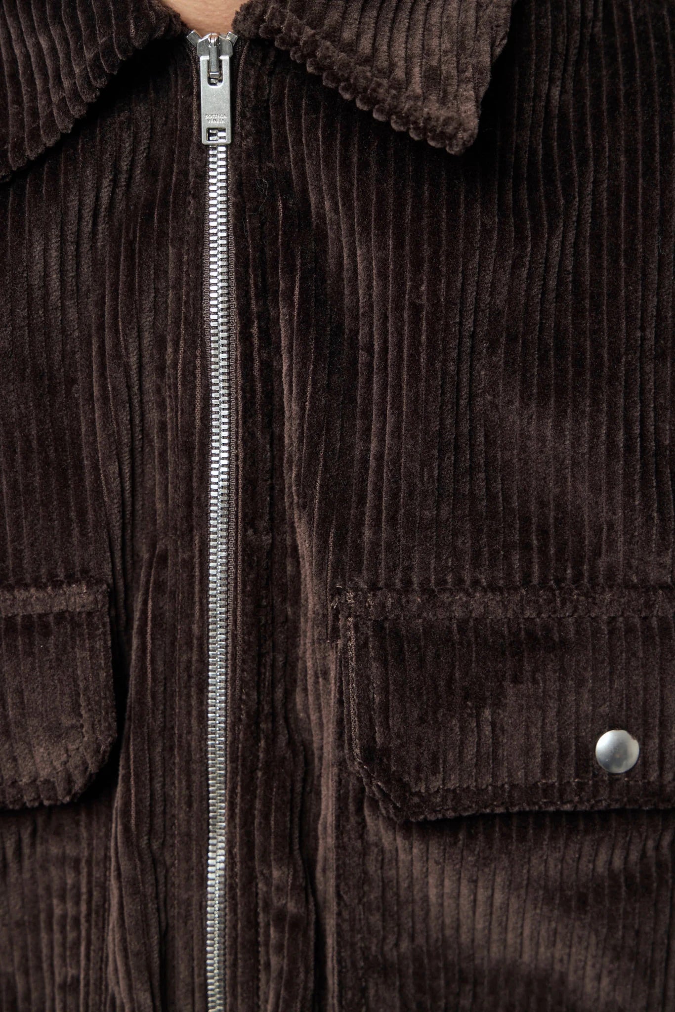 Model wearing Bottega Veneta Shirt Washed Cotton Corduroy jacket