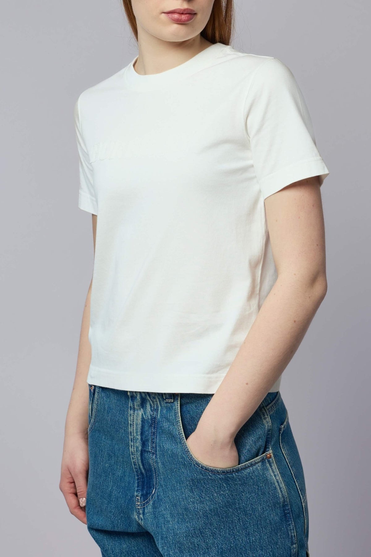Model wearing Burberry Frankie Re t-shirt showing true to size fit