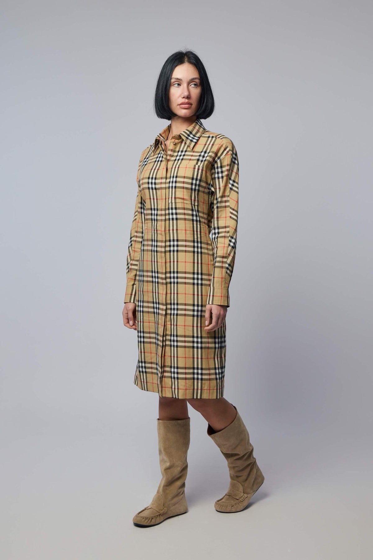 Back view of Burberry midi dress showcasing tailored silhouette and plaid pattern