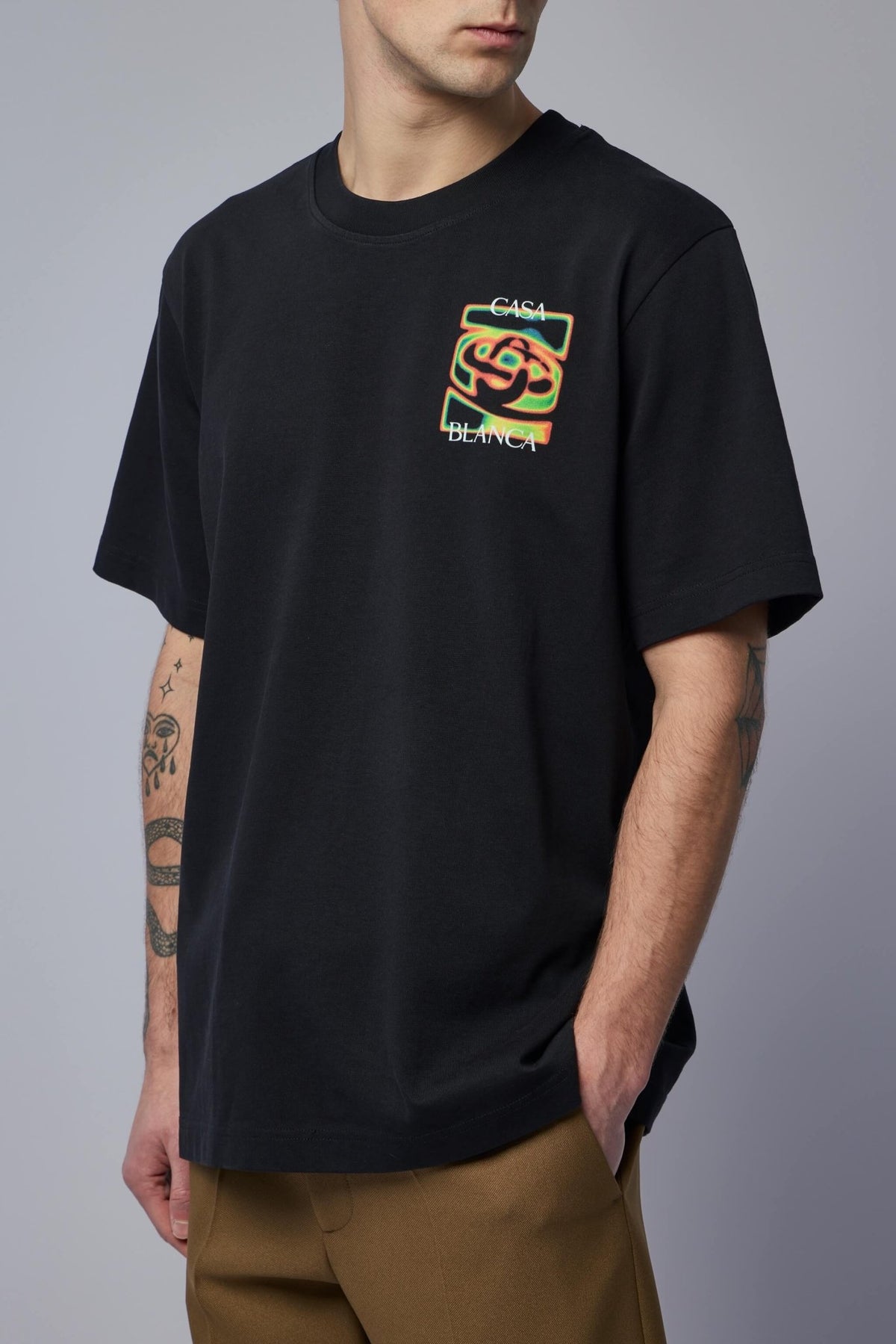 Back view showing statement text print on Casablanca tee