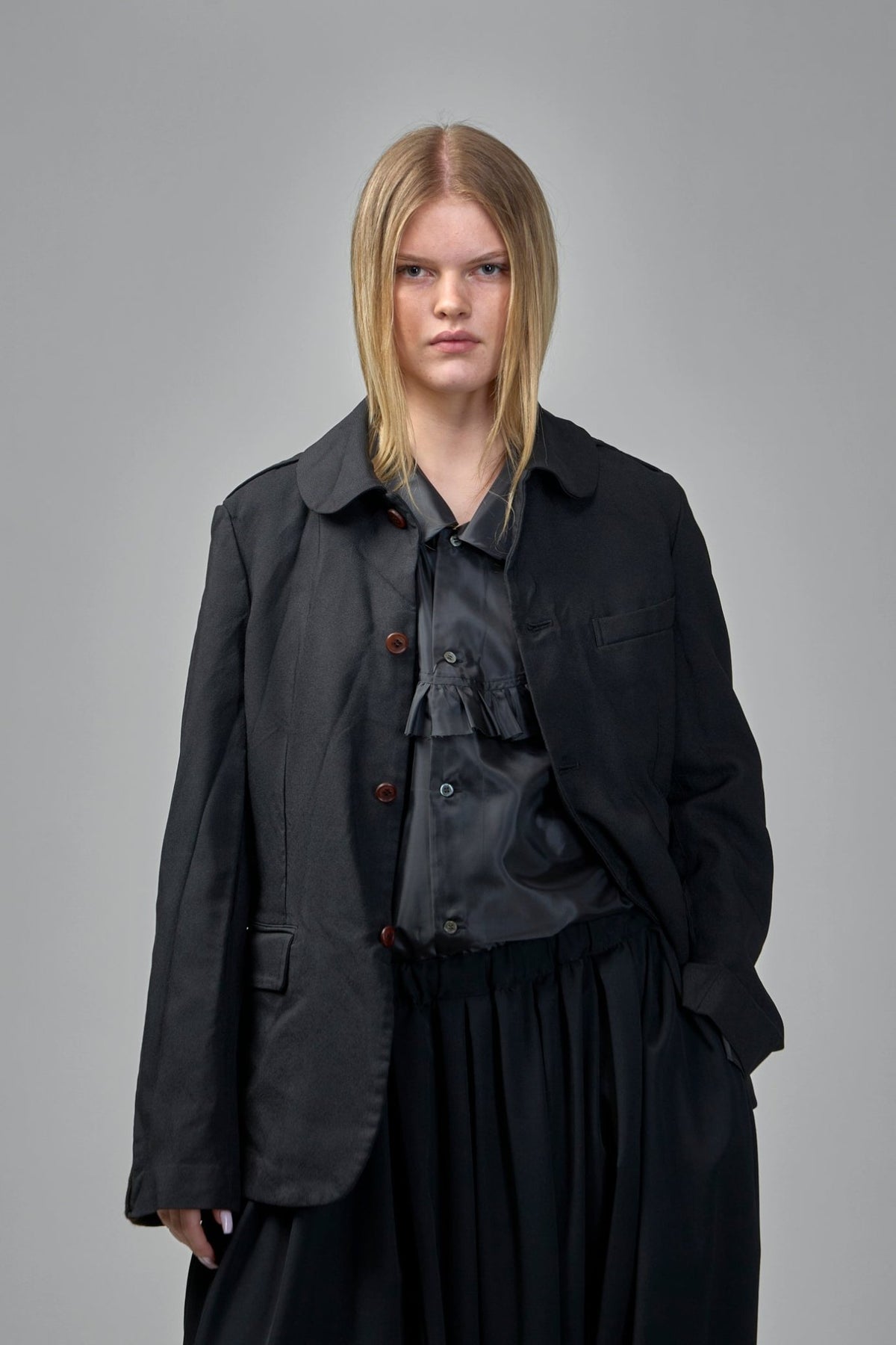 Comme Des Garçons Black Unisex Jacket in matte black polyester with brown buttons