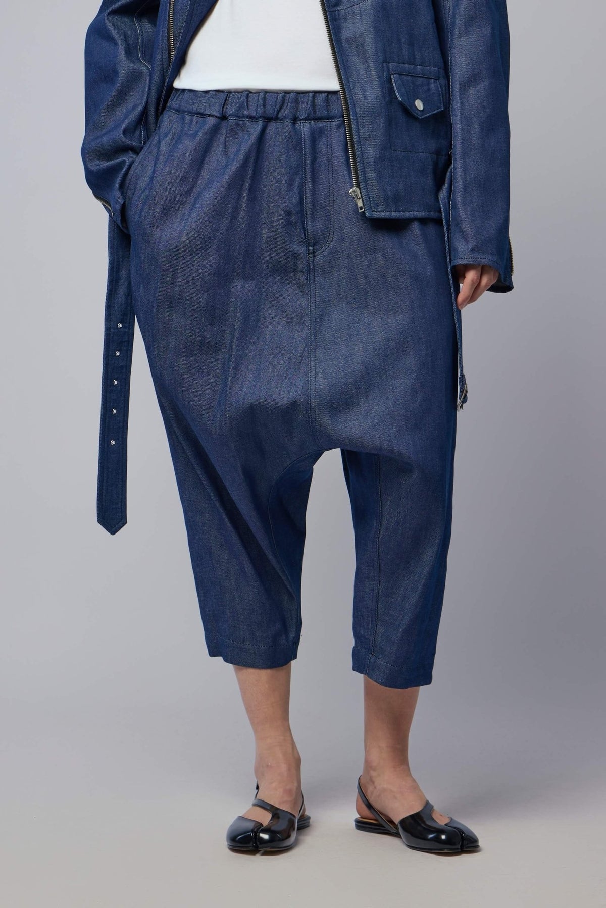Comme Des Garçons Black Unisex Pants in dark cotton denim with drop-crotch cargo design