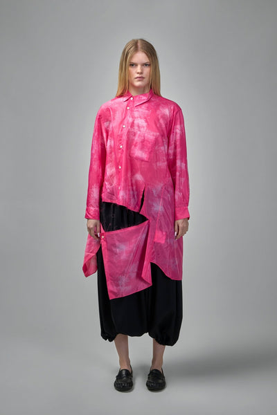 Longline Button-Down Blouse with Abstract Print