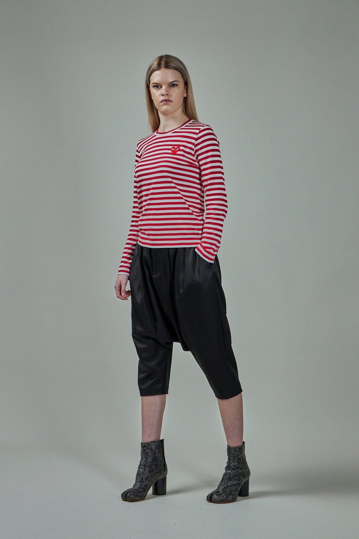 CDG PLAY cotton longsleeve t-shirt front view showing iconic heart emblem