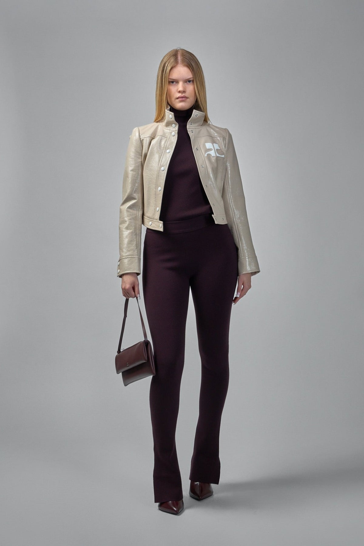 Back view of close-fitting silhouette and stretch knit fabric