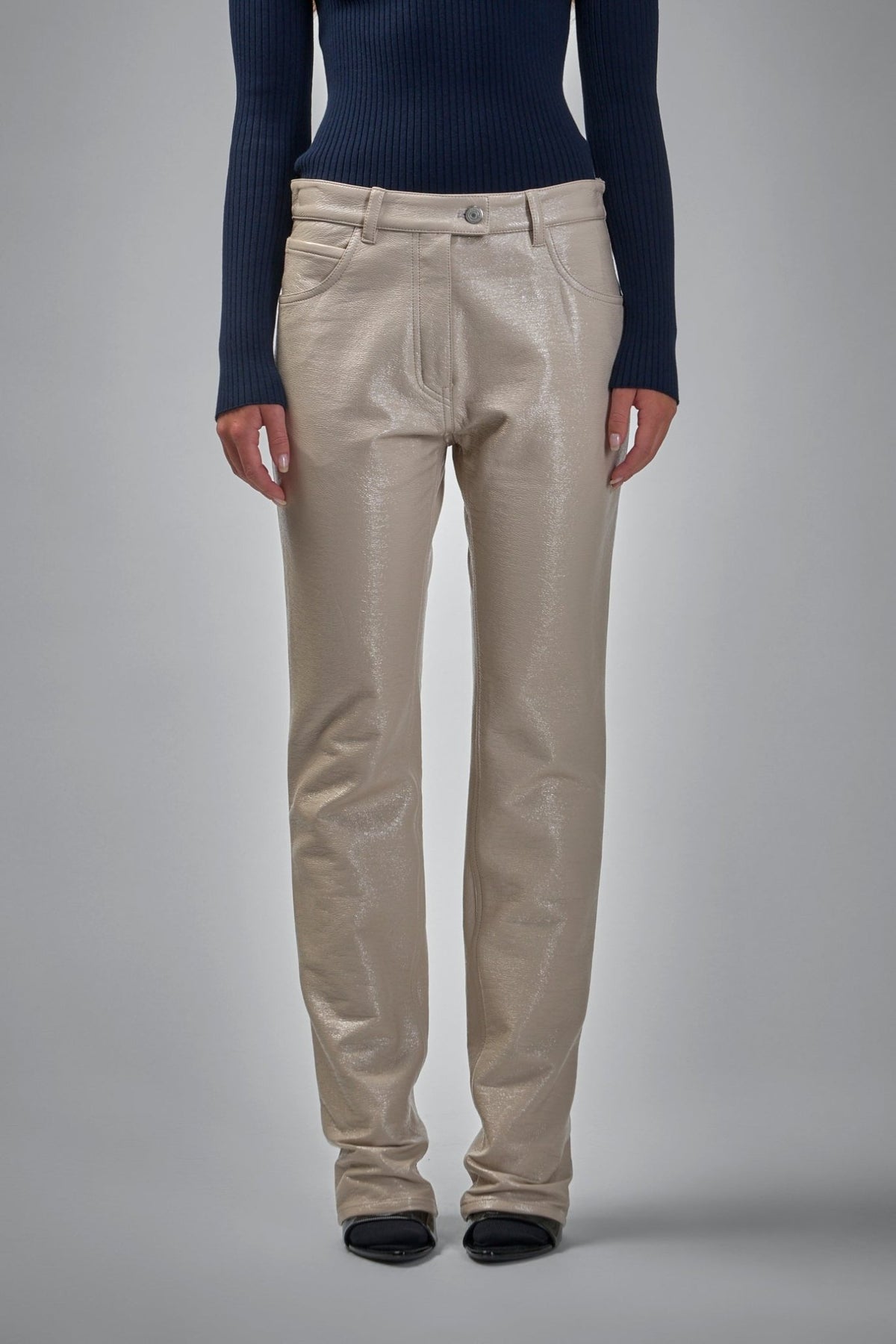 Courrèges straight pants in glossy black vinyl with 5-pocket design