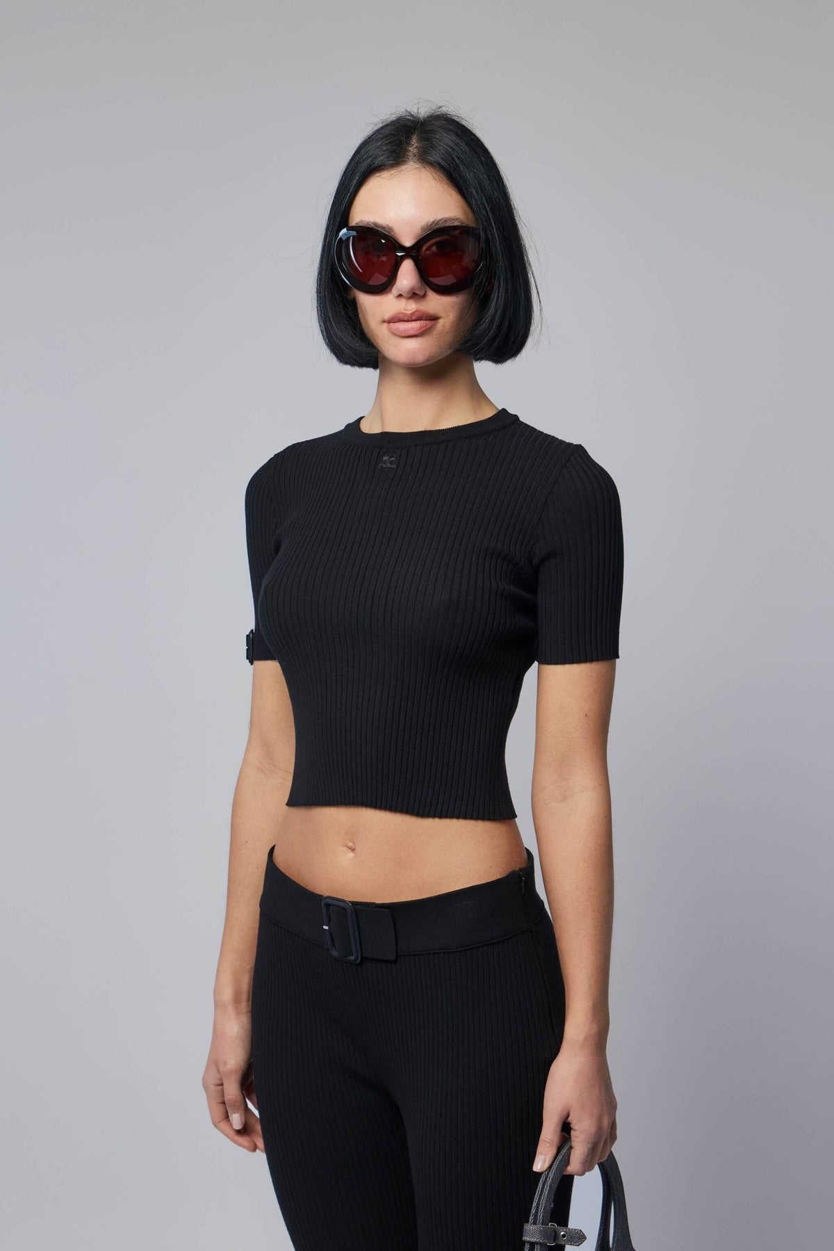 Courrèges blouses - ribbed knit top with buckle detail in cropped silhouette