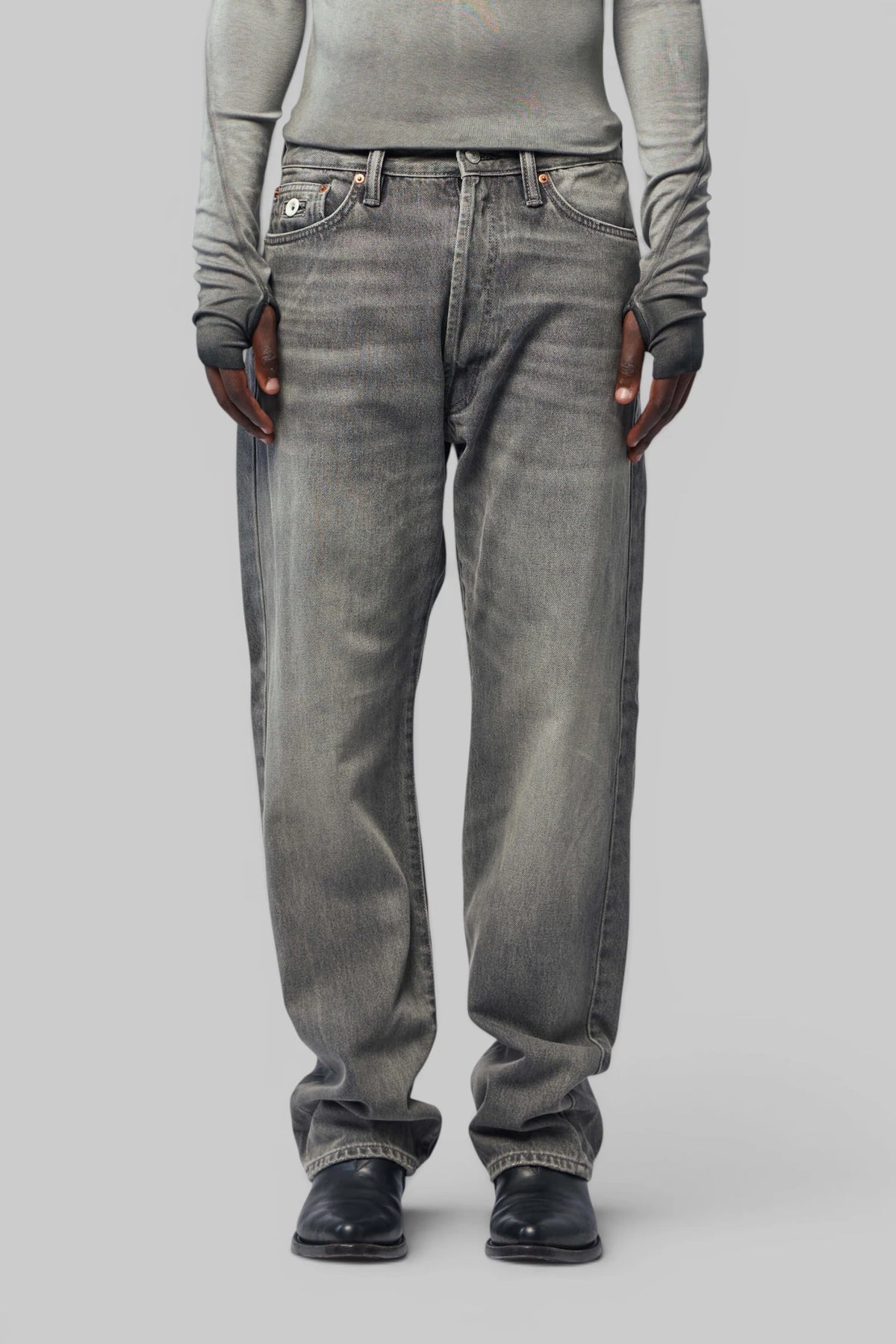 Close-up of five-pocket styling on Denham Straight Jeans