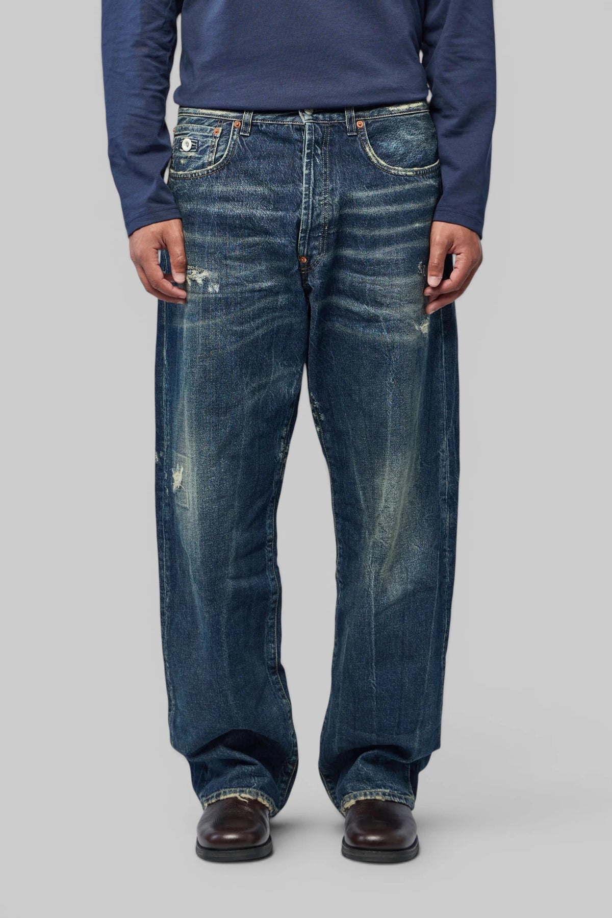Side profile of Denham Straight Jeans relaxed fit silhouette