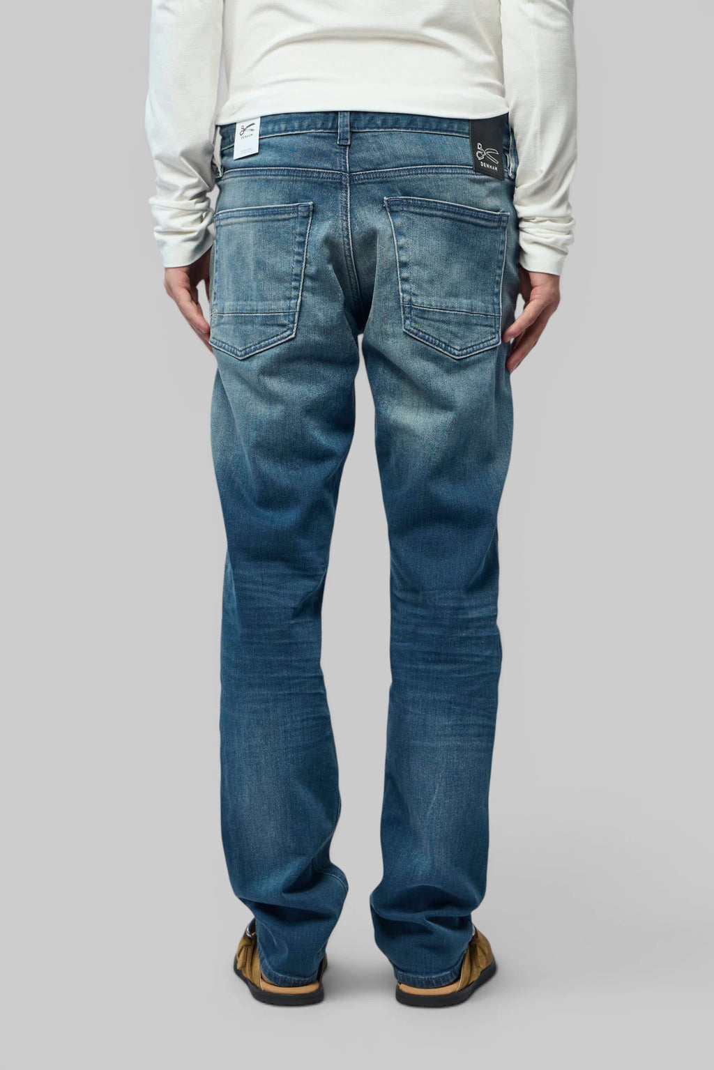 Back view of Denham Straight Jeans with button and zip closure