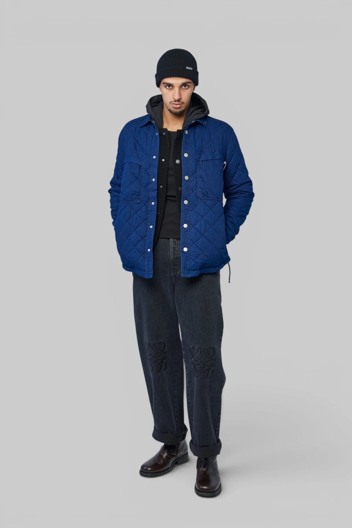 Denham Samuel Shirt Jacket Cot showing metallic snap closures