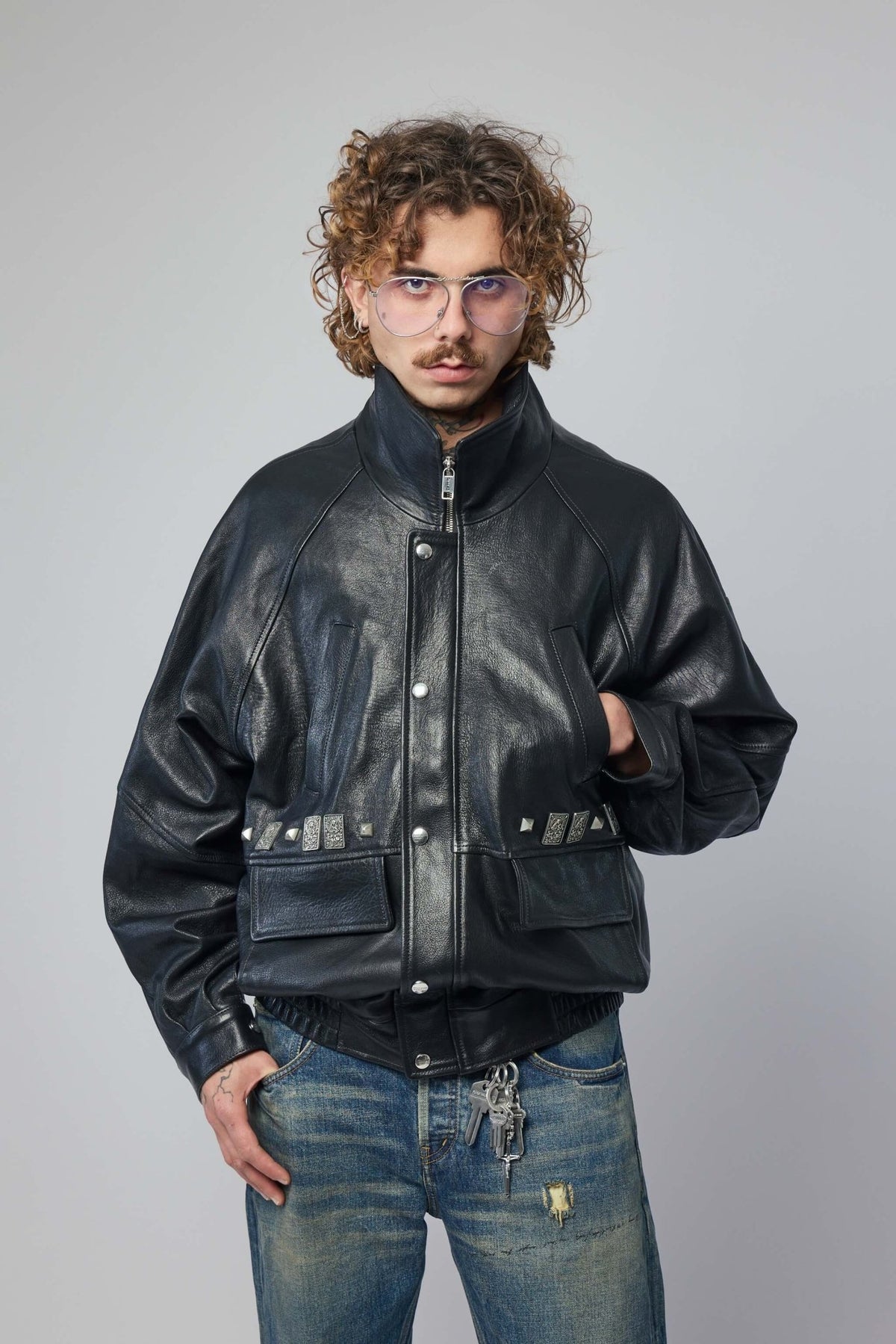 Enfants Riches Déprimés Prince Phillips Childhood Studded leather jacket in black lamb leather