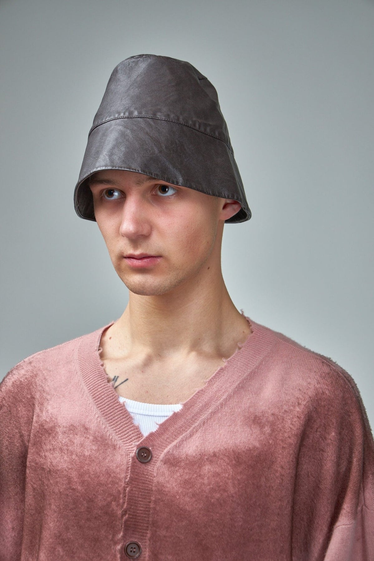 Close-up view of FREI-MUT Selim Hat showing leather texture and construction details