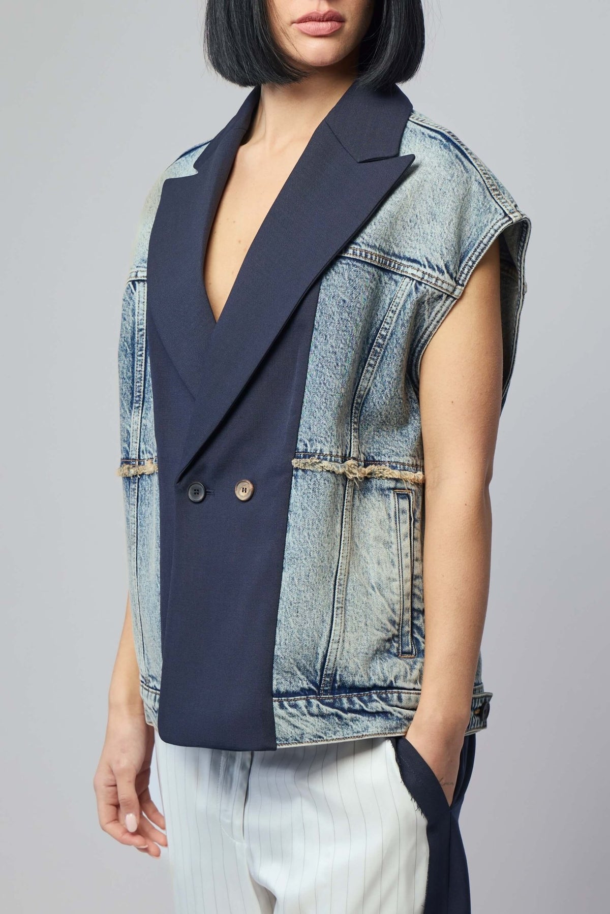 Model wearing Frenken Dinner Denim Jacket styled for evening occasions