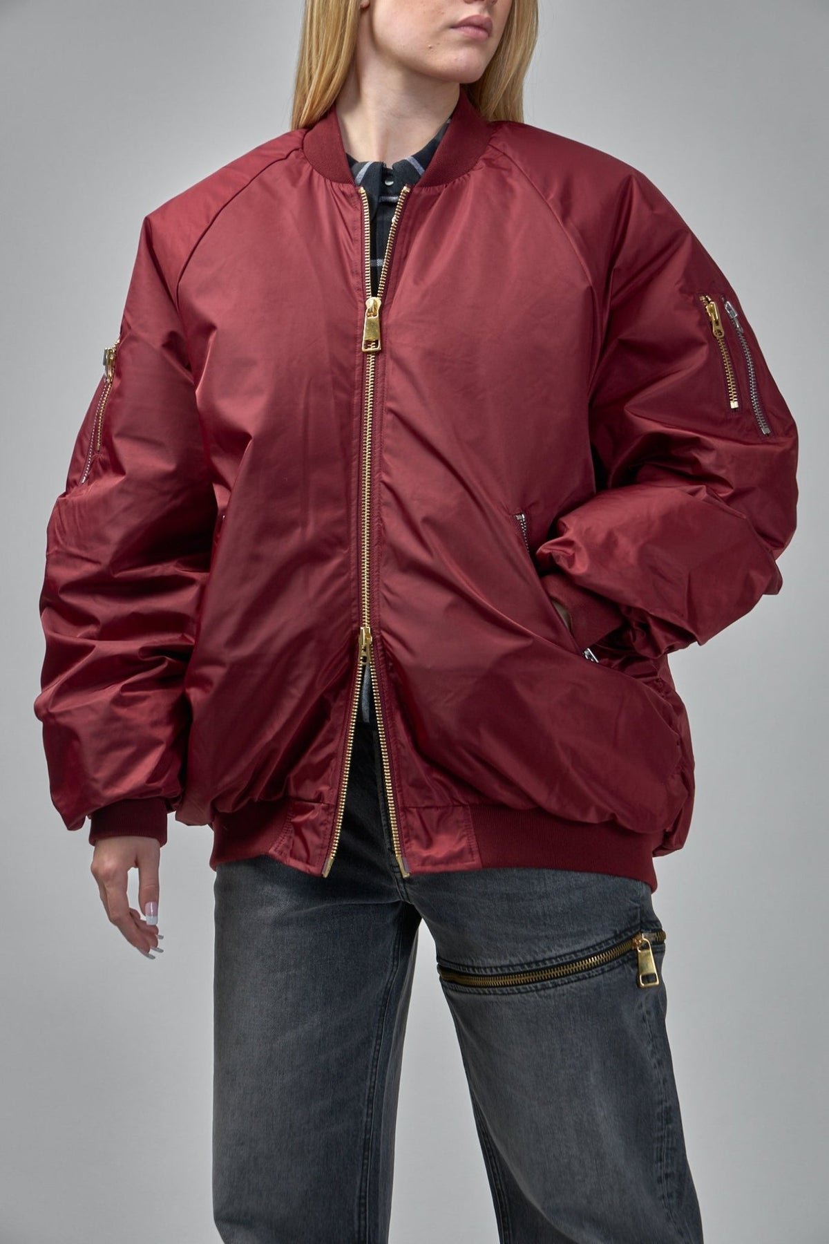 Back view of oversized bomber with raglan shoulder seams