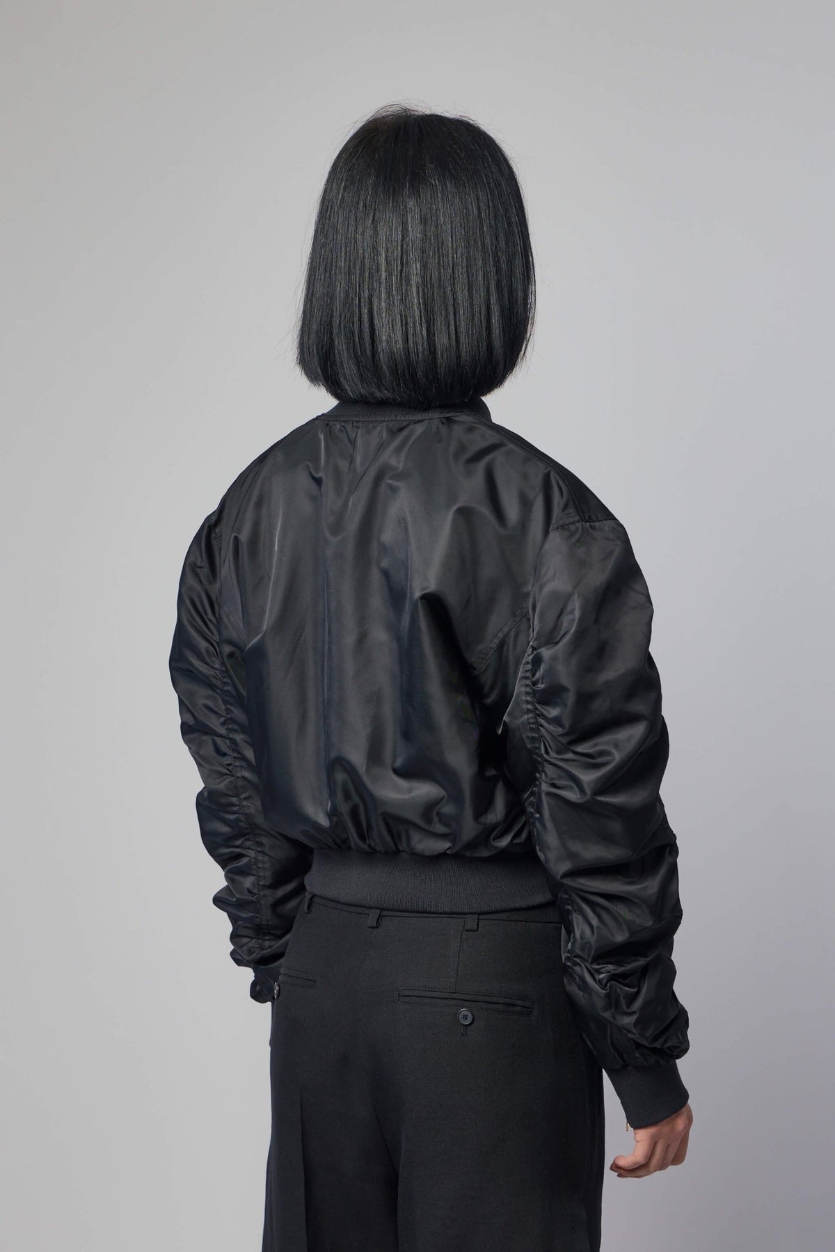 Detail shot of bomber jacket lining and construction quality