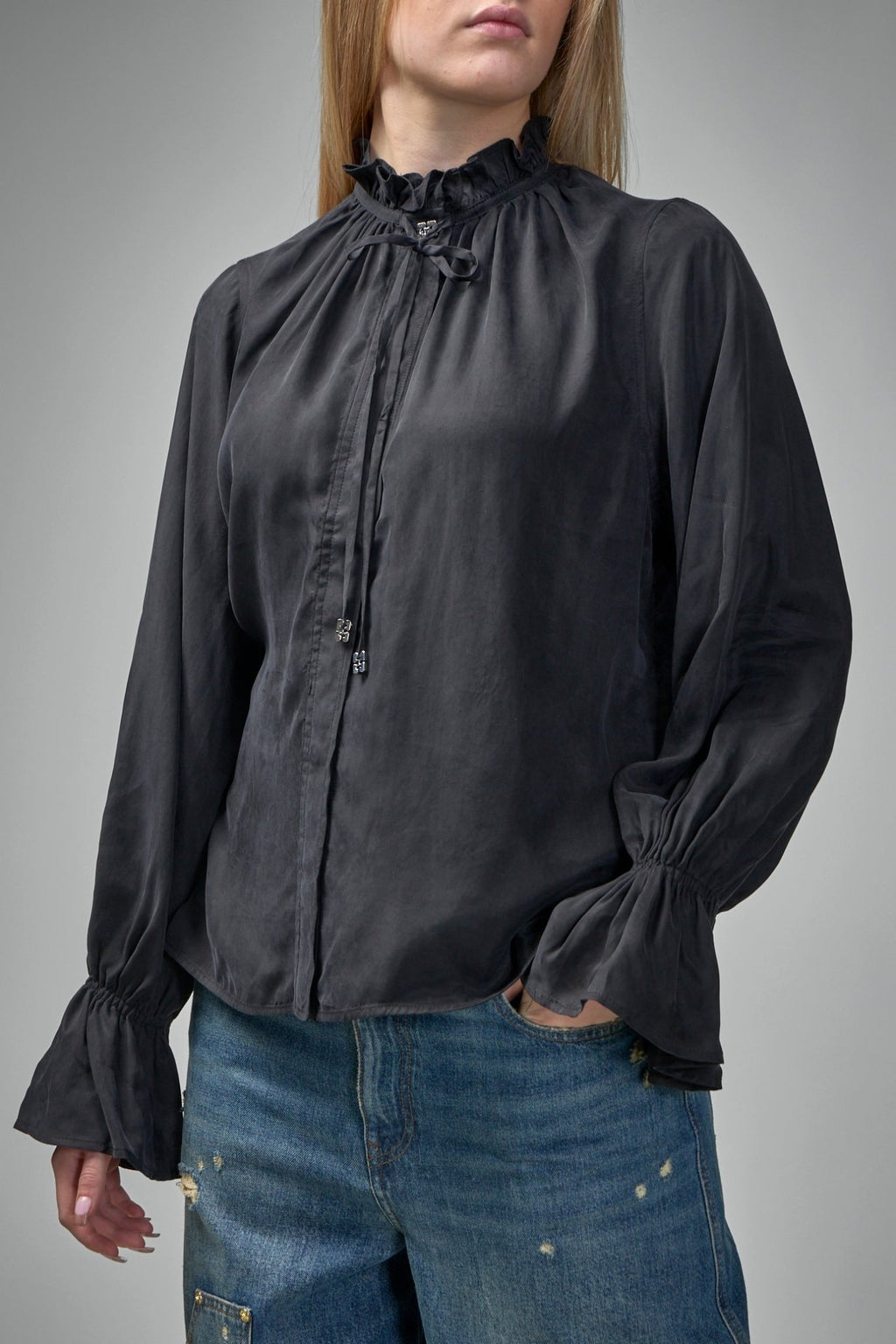 Ganni - Fluid Cupro Tie Shirt - LABELS