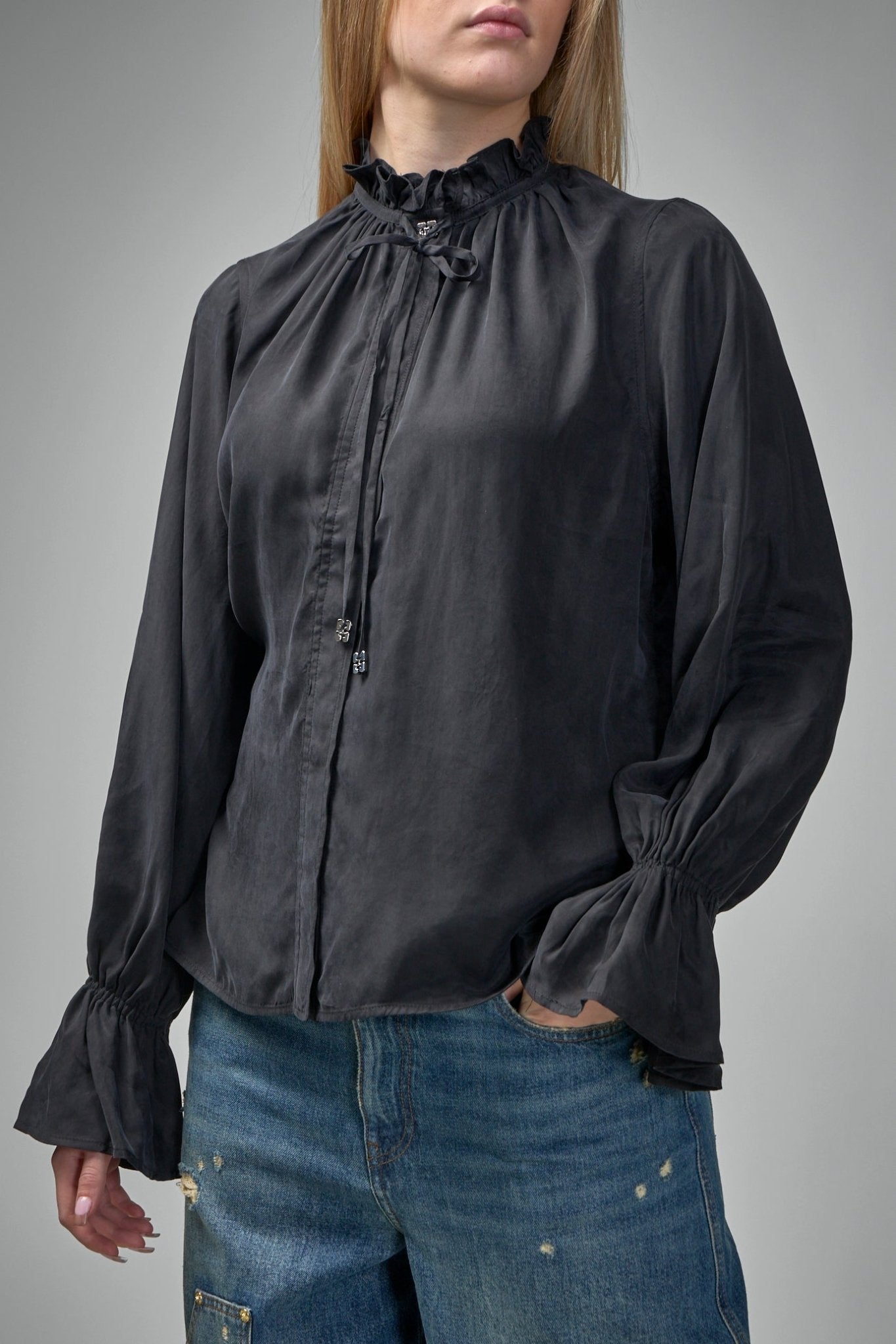 Ganni - Fluid Cupro Tie Shirt - LABELS