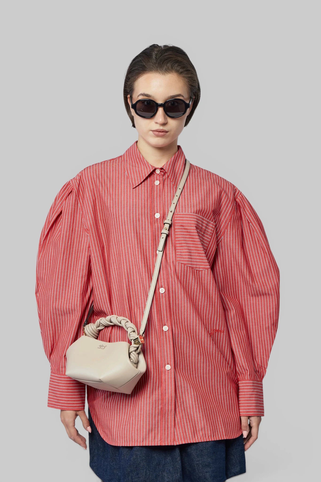 Ganni - Oxford Stripe Pleated Sleeve Shirt - LABELS