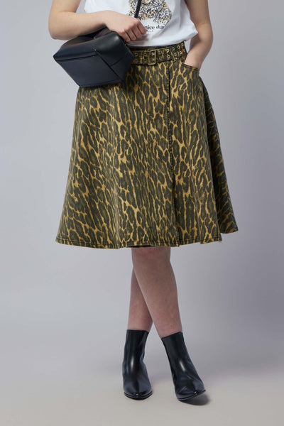 Print Denim Wrap Midi Skirt