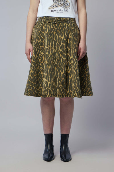 Print Denim Wrap Midi Skirt