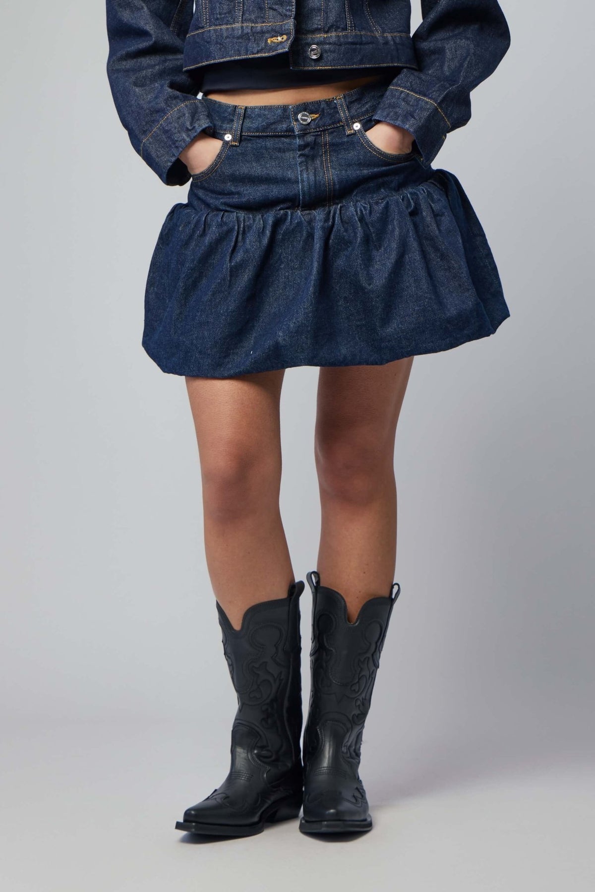 Ganni mini skirts - rinse denim bubble mini skirt in organic cotton