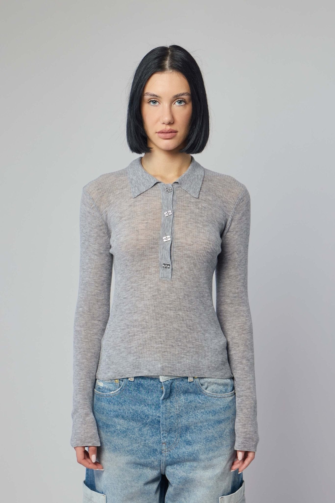 Ganni - Sheer Wool Ribbed Polo - LABELS