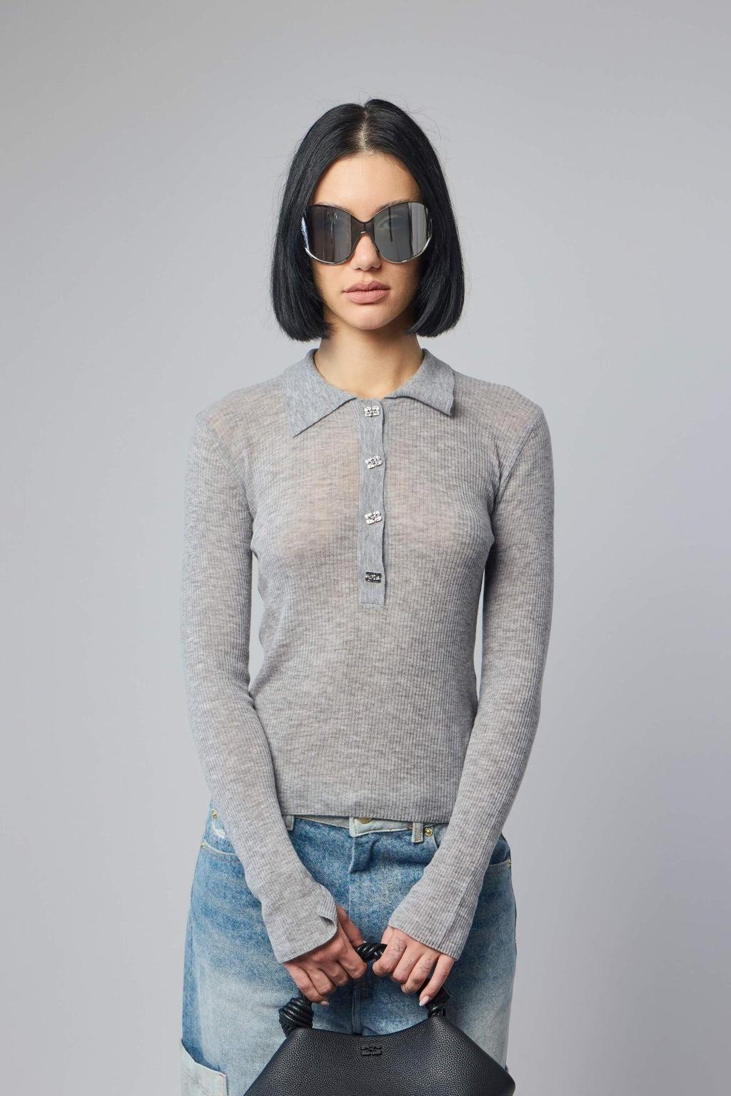 Ganni - Sheer Wool Ribbed Polo - LABELS