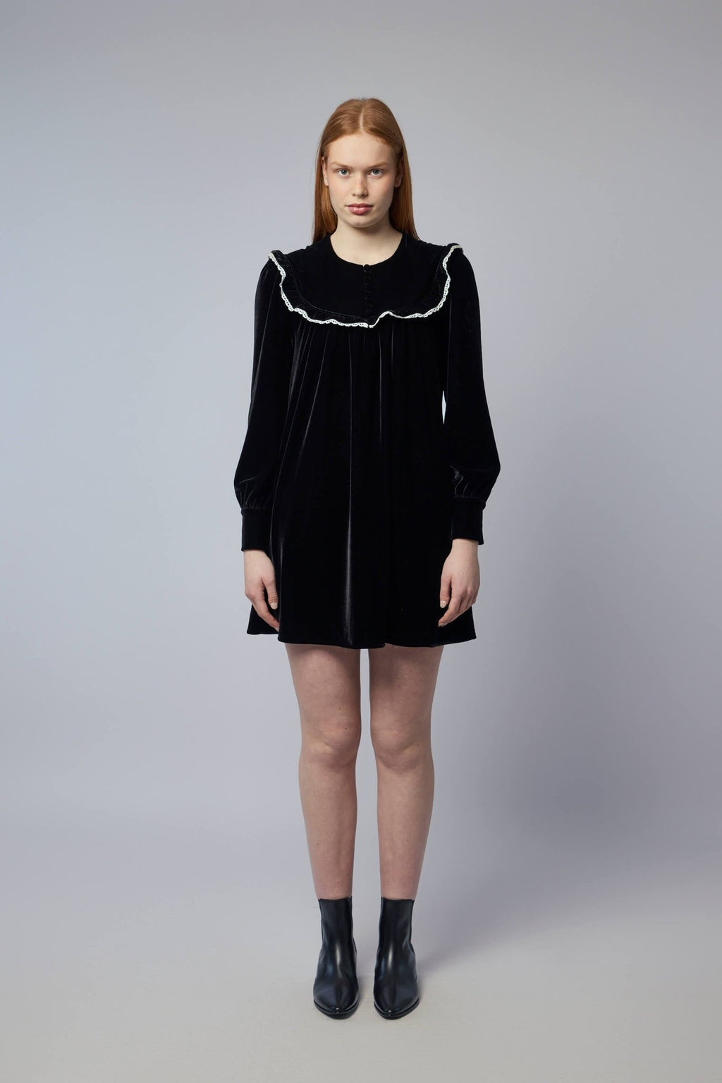 Ganni - Stretch Velvet Jersey Collar Mini Dress - LABELS