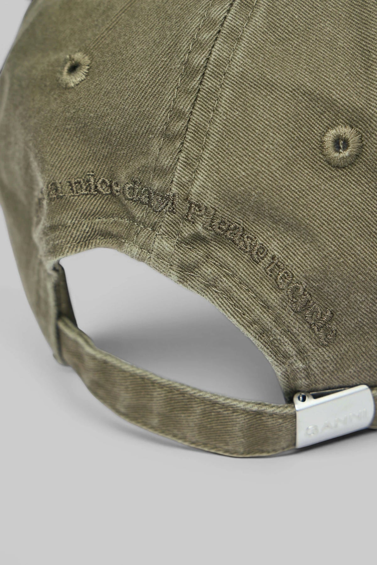 Full view of Ganni washed cotton canvas cap with embroidery, view 6