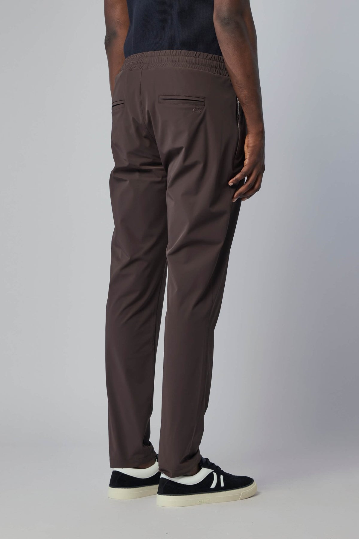 Detail shot of elastic waistband and adjustable drawstring closure