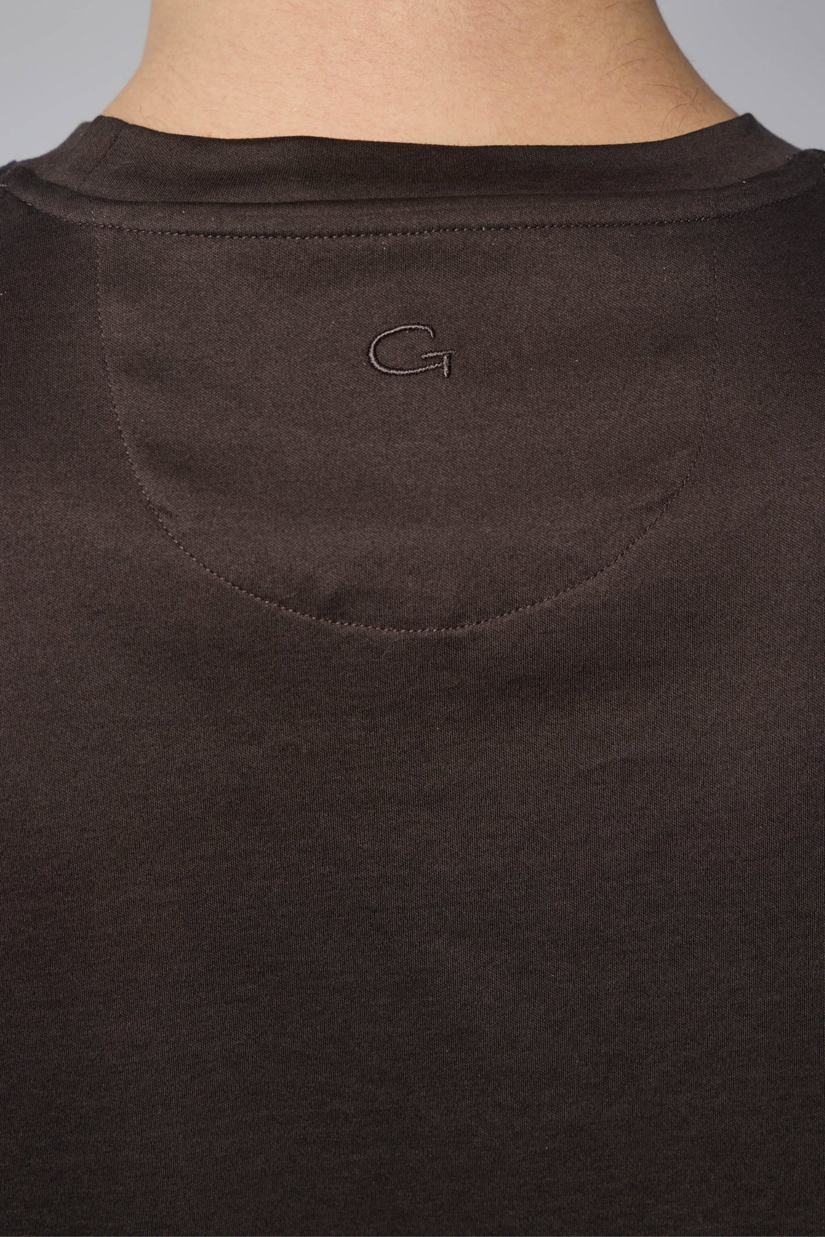 Detail shot of crew neck construction on Gogetti mercerized cotton t-shirt, view 6