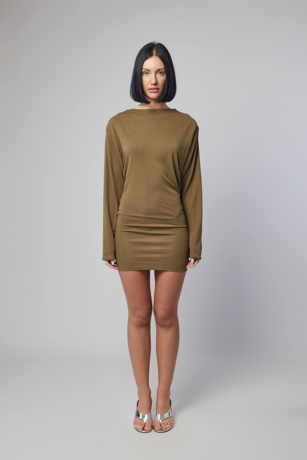 Model wearing Jacquemus La Robe Mistral dress front view