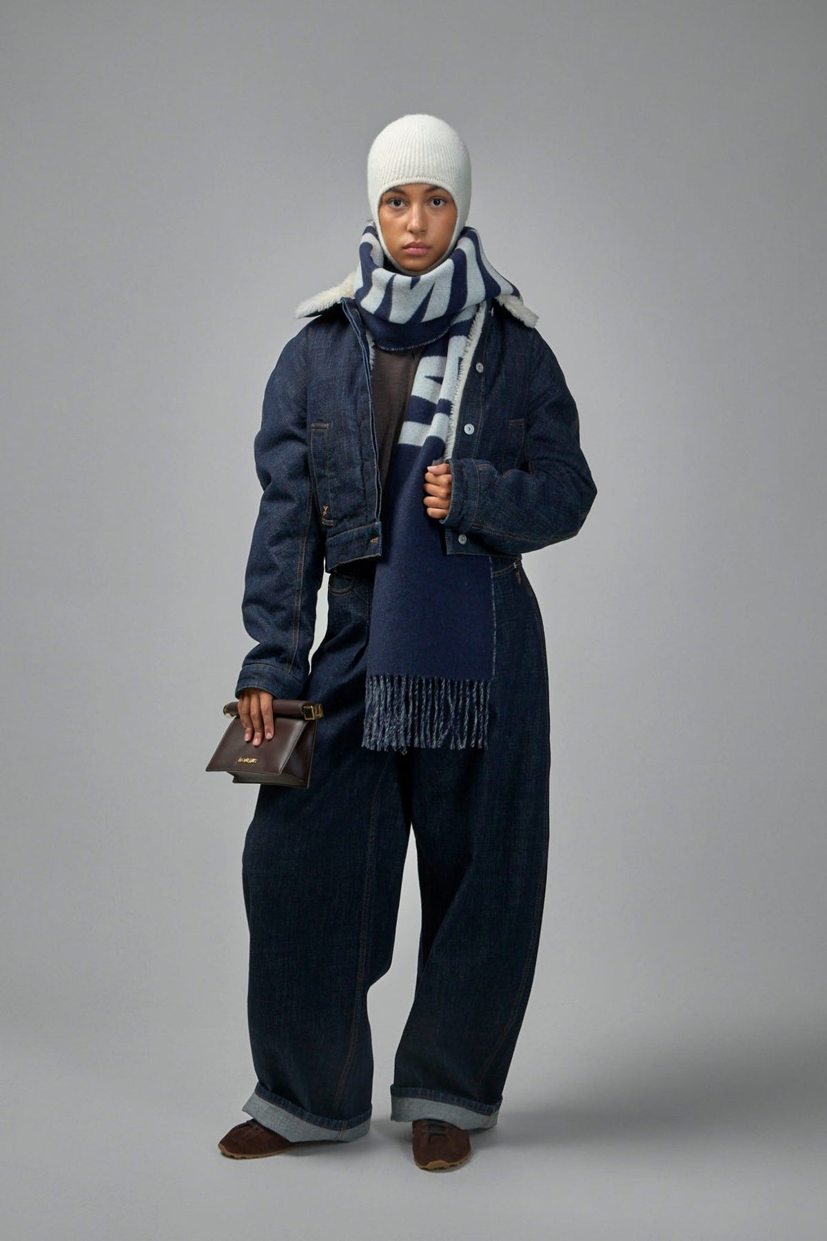 Full styling look featuring Jacquemus denim jacket with accessories