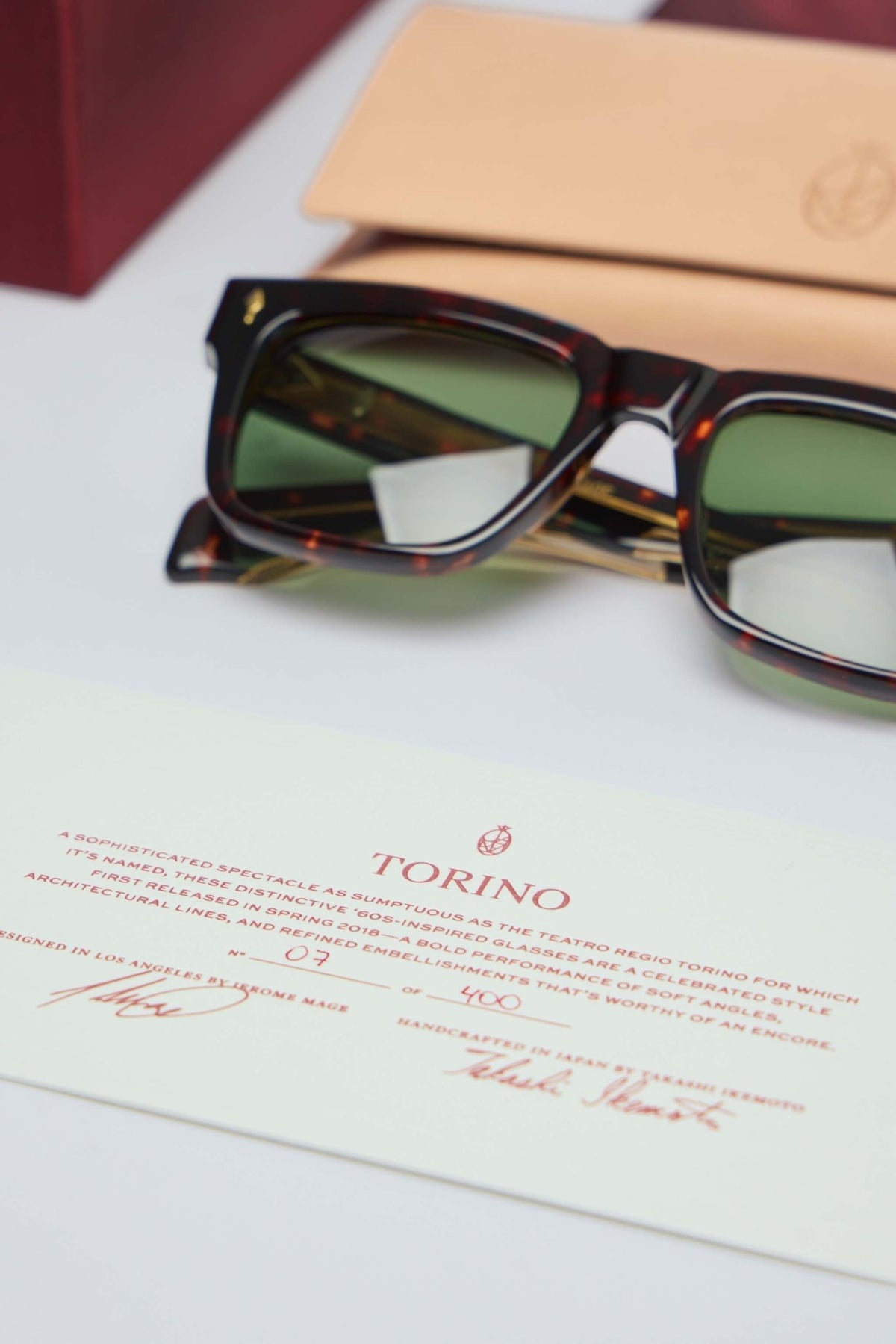 Detail shot of temple decorative elements on premium acetate sunglasses