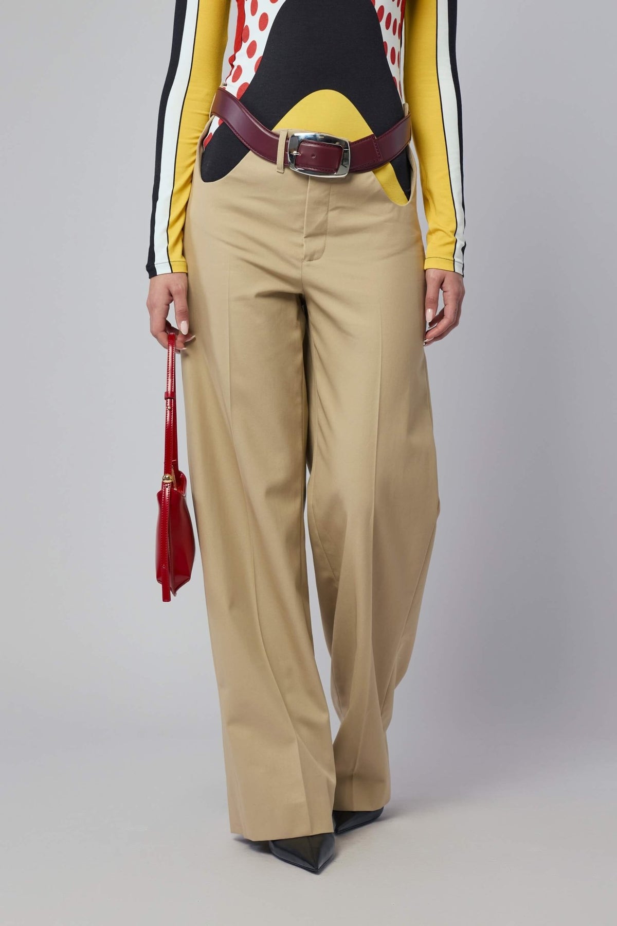 Jean Paul Gaultier wide-leg pants with open front curves and belt in premium cotton