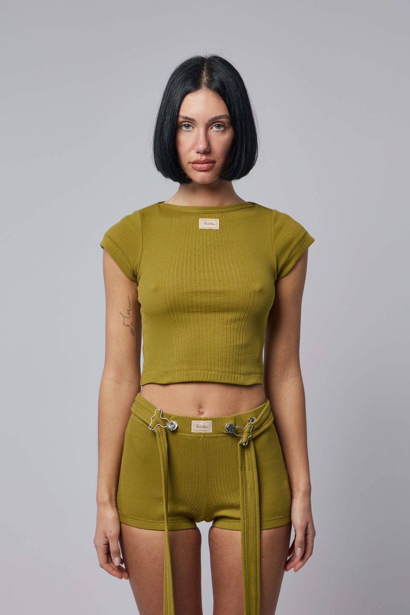 Jean Paul Gaultier - Cotton Ribbed Cropped Baby Tee With "gaultier" Patch - LABELS