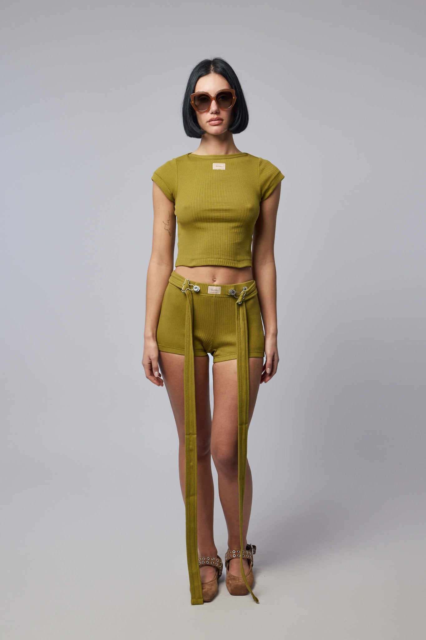 Jean Paul Gaultier - Cotton Ribbed Short With "gaultier" Patch And Overall Buckles - LABELS