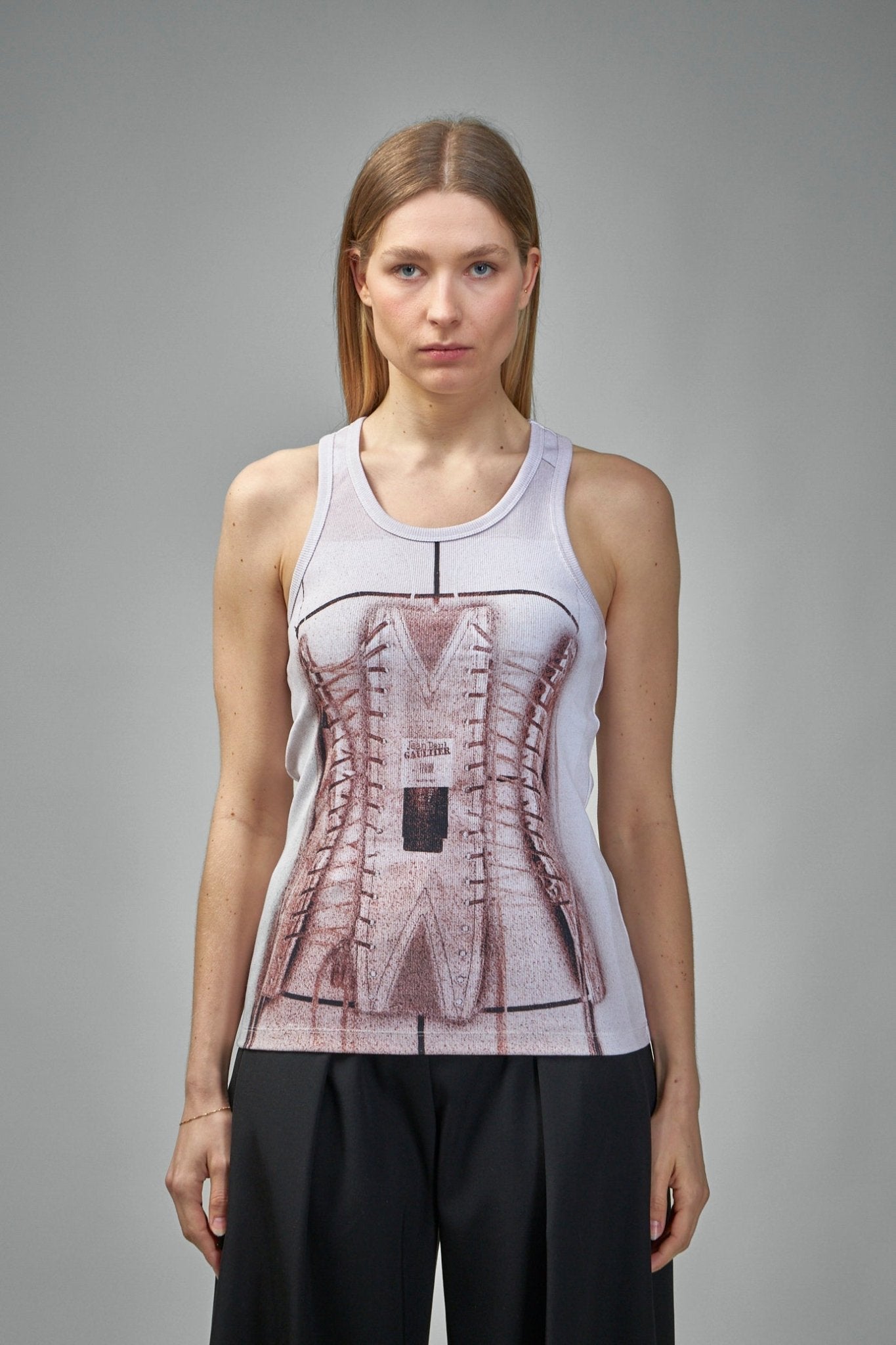 Jean Paul Gaultier - Cotton Ribbed Tank Top Printed ''Trompe L'Ceil Corset'' - LABELS