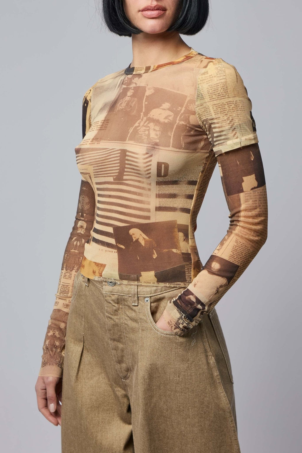 Jean Paul Gaultier - Mesh Double Sleeves Baby Tee Printed "journal" - LABELS