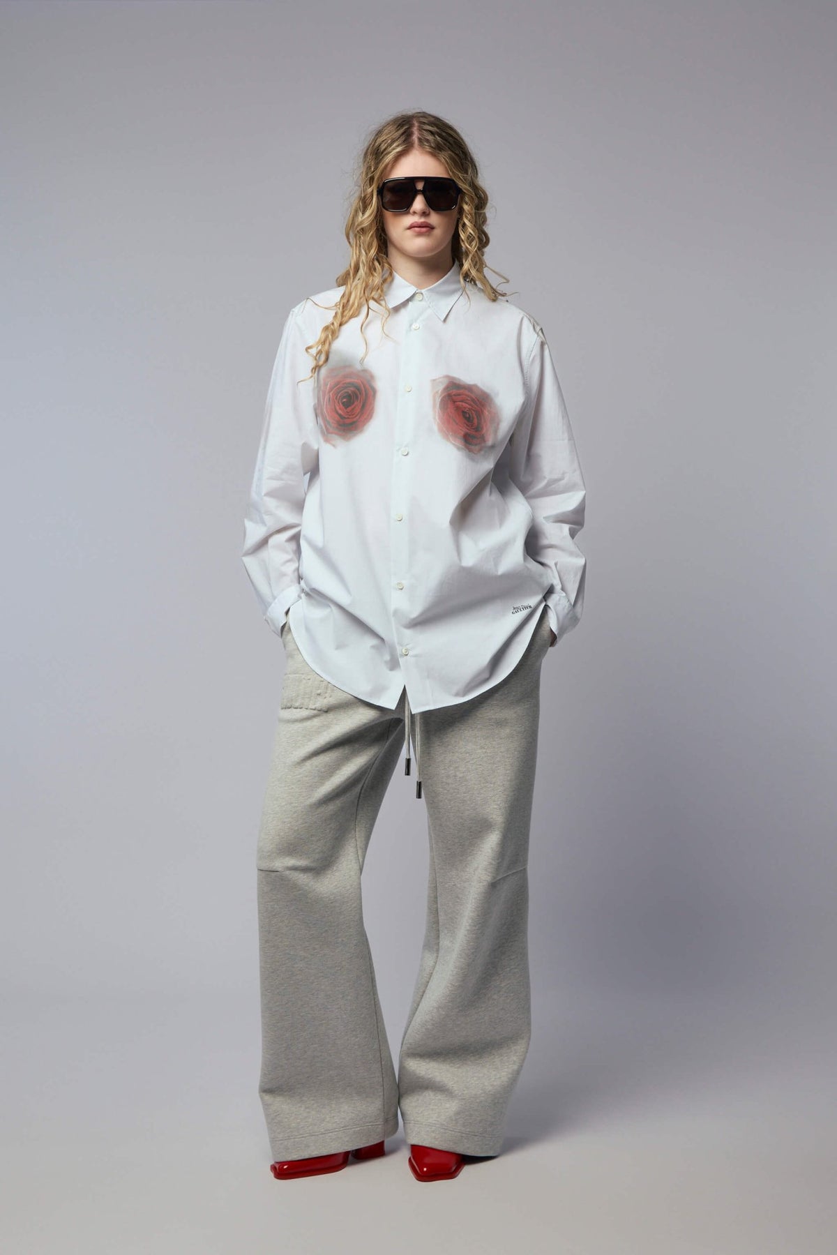 Full outfit featuring Jean Paul Gaultier printed roses shirt